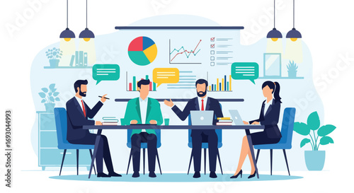 Flat style illustration of business professionals discussing charts and strategies in a meeting room, symbolizing teamwork, communication, planning, and corporate success
