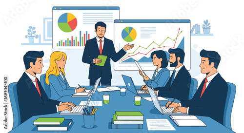 Flat style illustration of a business leader presenting charts to a corporate team in a meeting room, symbolizing strategy, teamwork, analysis, and professional growth