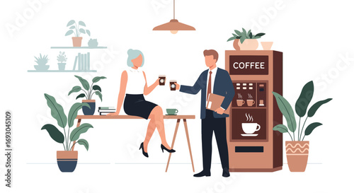 Flat style illustration of business colleagues enjoying coffee break by a vending machine in an office lounge, symbolizing relaxation, networking, and workplace balance