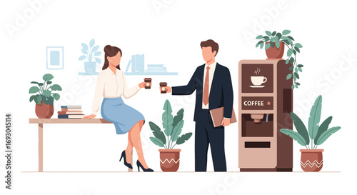 Flat style illustration of business colleagues enjoying coffee break by a vending machine in an office lounge, symbolizing relaxation, networking, and workplace balance