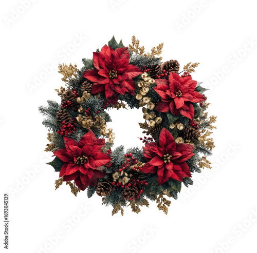 Festive round wreath with deep red poinsettias, muted greens, and gold accents