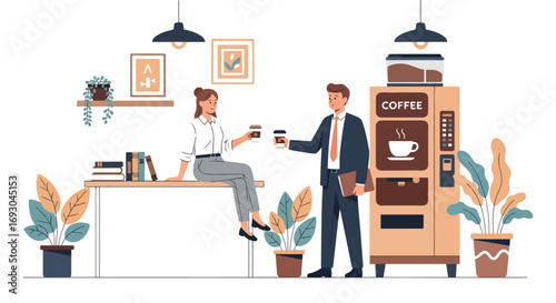 Flat style illustration of business colleagues enjoying coffee break by a vending machine in an office lounge, symbolizing relaxation, networking, and workplace balance