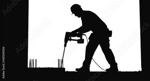 Construction worker using electric drill, silhouette image, safety helmet, drilling concrete, industrial labor, building site, heavy machinery, manual work, power tools, urban construction