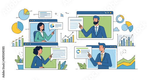 Flat style illustration of professionals in an online video conference presenting charts and reports, symbolizing remote work, digital communication, teamwork, and modern business collaboration