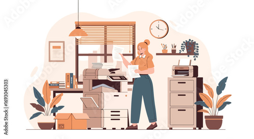 Flat style illustration of a businesswoman working with a photocopier in a modern office, symbolizing workplace tasks, productivity, paperwork, and daily business operations