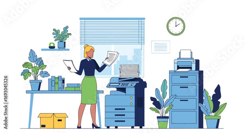 Flat style illustration of a businesswoman working with a photocopier in a modern office, symbolizing workplace tasks, productivity, paperwork, and daily business operations