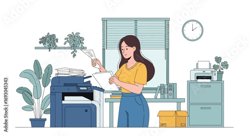 Flat style illustration of a businesswoman working with a photocopier in a modern office, symbolizing workplace tasks, productivity, paperwork, and daily business operations