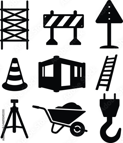 Collection of black construction and safety icons on a white background