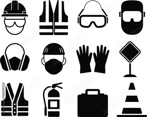 Collection of safety gear and equipment icons for workplace protection