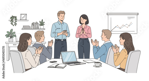 Flat style illustration of colleagues applauding during a business meeting with a presentation chart, symbolizing teamwork, success, recognition, and achievement in a professional office setting