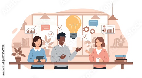 Flat style illustration of business team brainstorming with laptops and charts, symbolizing innovation, creative ideas, teamwork, and strategy in a modern office environment