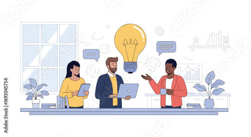 Flat style illustration of business team brainstorming with laptops and charts, symbolizing innovation, creative ideas, teamwork, and strategy in a modern office environment