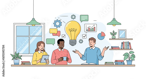 Flat style illustration of business team brainstorming with laptops and charts, symbolizing innovation, creative ideas, teamwork, and strategy in a modern office environment