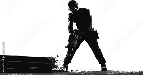 Construction worker using jackhammer breaking concrete, industrial labor, safety helmet, demolition work, heavy machinery, urban construction site, manual labor, power tools