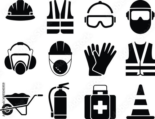 Collection of essential safety gear and equipment icons for construction and industry