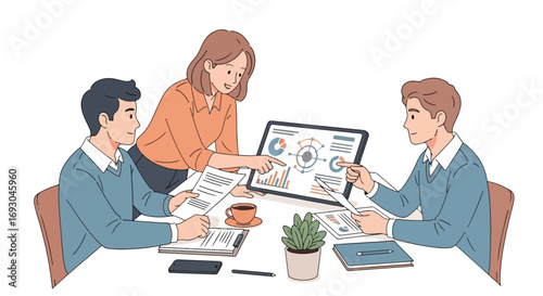 Flat style illustration of business team analyzing data on a digital tablet during a meeting, highlighting teamwork, strategy, and modern technology in a collaborative office setting