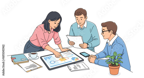Flat style illustration of business team analyzing data on a digital tablet during a meeting, highlighting teamwork, strategy, and modern technology in a collaborative office setting