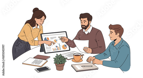 Flat style illustration of business team analyzing data on a digital tablet during a meeting, highlighting teamwork, strategy, and modern technology in a collaborative office setting