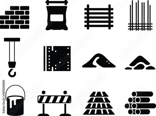 Collection of construction industry icons representing building materials and equipment