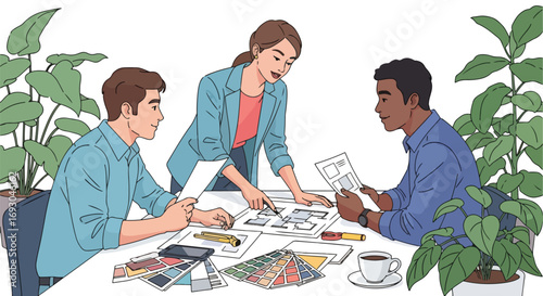 Flat style Illustration of architects collaborating on blueprints at an office desk with plants, design tools, and color palettes, symbolizing teamwork, creativity, and modern workspace planning