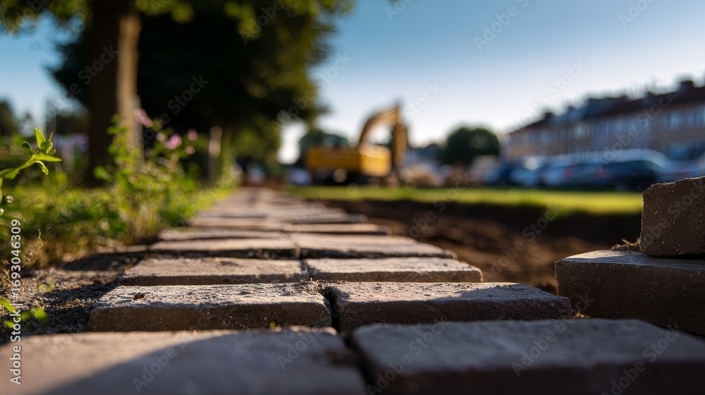 Obraz premium Construction workers building a brick path in a residential area