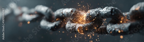 A metal chain breaks apart, sparks fly