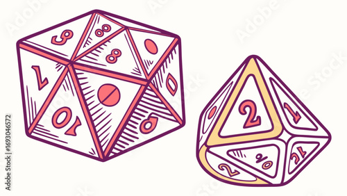 Two polyhedral dice with numbers and hatching detail vector  RPG dice set for table game vector, Colorful dice vector, A black and white sketch  polyhedral dice commonly used in tabletop role playing 