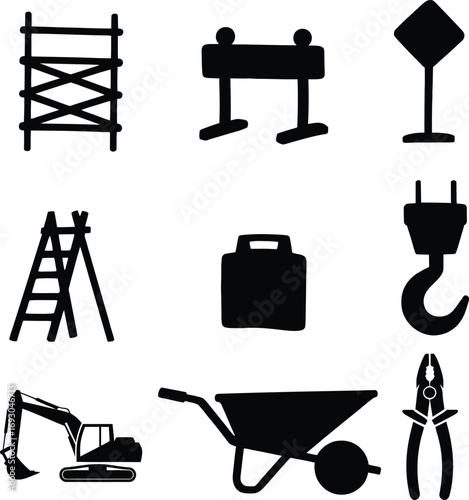 Construction site icons featuring tools equipment and safety elements