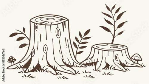 Stylized line of two tree stumps with a sapling growing surrounded by mushrooms and grass vector.