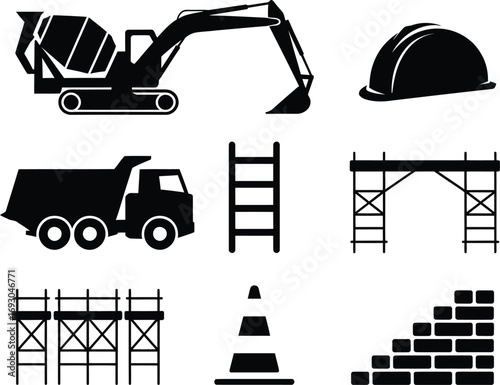 Construction site icons featuring heavy machinery safety gear and building materials