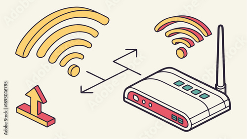 Wireless Router with Wi-Fi Signals in Isometric Style vector.
