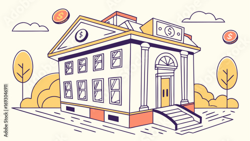 Classic Two Story Bank Building with Columns and Dollar Sign Detail vector.