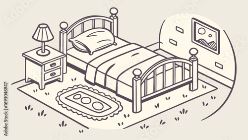 Simple Hand Drawn Bedroom Illustration Featuring Bed Rug and Nightstand vector.