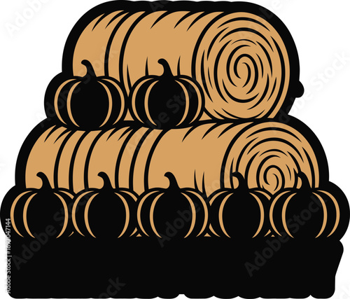 Hay Bale Stack Silhouette Vector Illustration A Black Outline Design with Tan Bales and Pumpkins, Ideal for Autumnal Themes and Agricultural Concepts