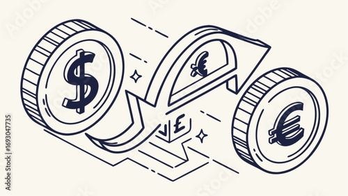 Hand Drawn Line of Global Money Transfer and Digital Payment Exchange Concept, Showing Dollar and Euro with Credit Card and Arrows, Representing Currency Conversion vector.