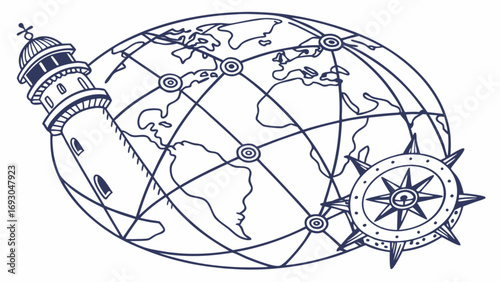 Hand Drawn Line of Global Navigation and Worldwide Travel Network Concept, Showing Earth Globe with Connected Routes, Lighthouse and Compass Symbol, Representing vector.