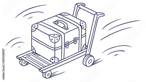 Hand Drawn Doodle Style of a Luggage Trolley Carrying Suitcase on Wheels, Minimal Line Travel and Transportation Concept Vector. This creative shows a moving hand truck .