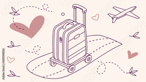 Cute Cartoon Luggage on Wheels for a Romantic Trip.