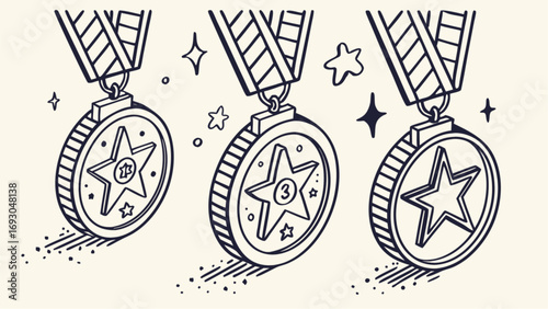 Three cartoon style achievement medals with ribbons featuring first second and third place stars in a doodle art style.