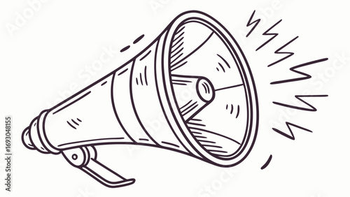 “Hand Drawn Megaphone Illustration Representing Communication, Announcement, and Marketing Promotion Concepts in a Clean Line Vector Style. This Creative Shows a Loudspeaker Emitting.