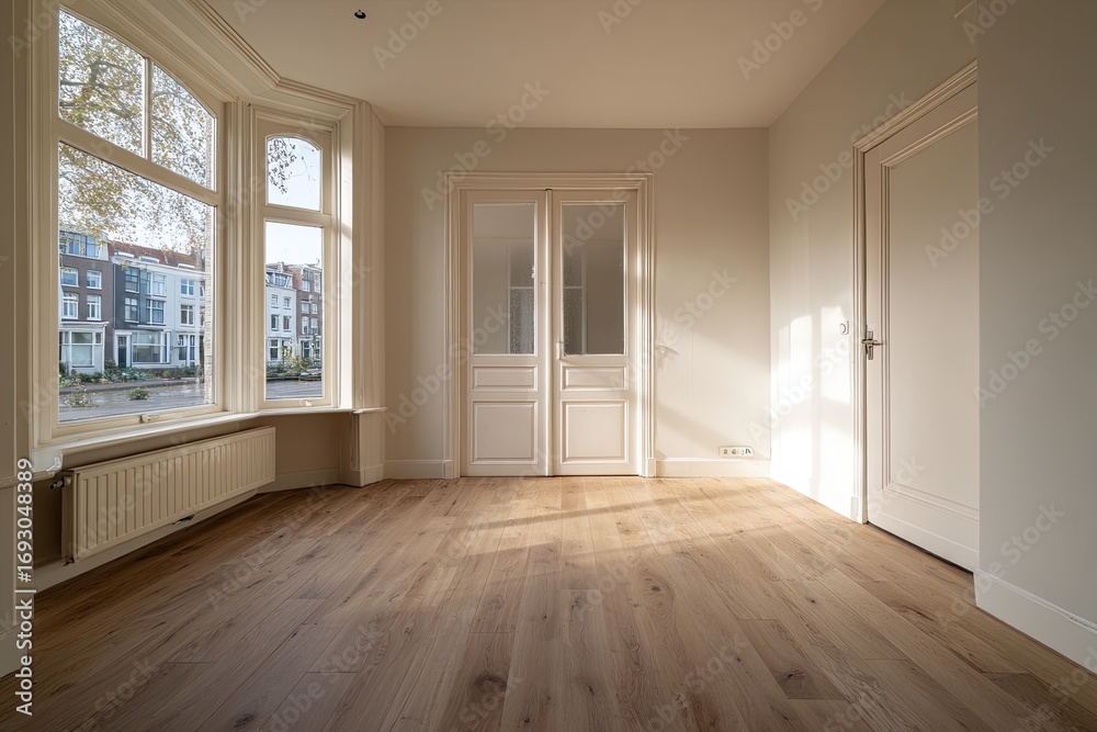 Fototapeta premium Empty room with sunlight and wooden floor