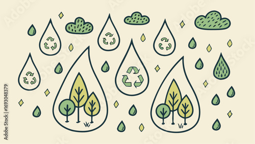 Cute Cartoon vector  tor  Rain Drops with Recycling Symbols and Trees for Environmental Awareness.