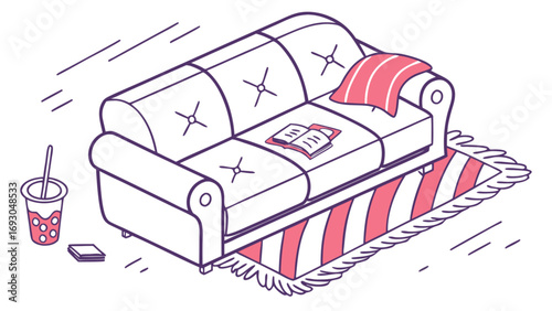 Cozy isometric illustration of a tufted sofa with a book pillow and drink on a striped rug.