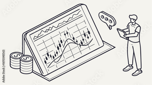 Isometric line art man analyzing financial data on tablet with candlestick chart and coins.