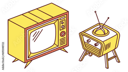 Isometric Yellow Retro Television with Red Trim and Antennae Vintage Design.