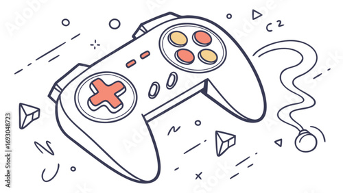Dynamic line art illustration of a retro video game controller with colorful buttons.