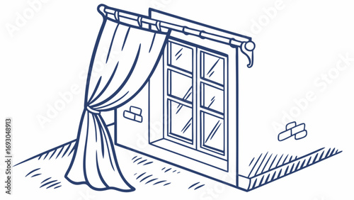 Hand-drawn illustration of a window with a draped curtain and brick wall.