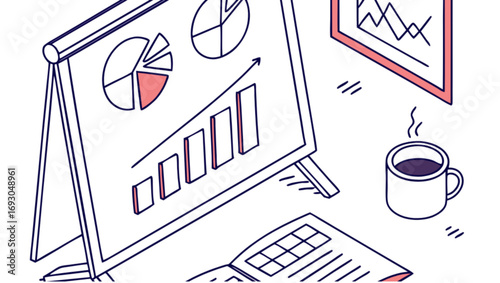 Business Analytics Workspace Illustration with Charts and Coffee vector .