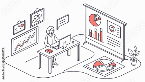 Isometric Illustration of a Businesswoman Working at a Desk with Data Projections.