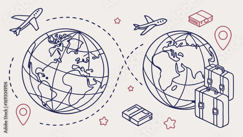 Two Detailed Outline Globes Depicting World Travel and Exploration.